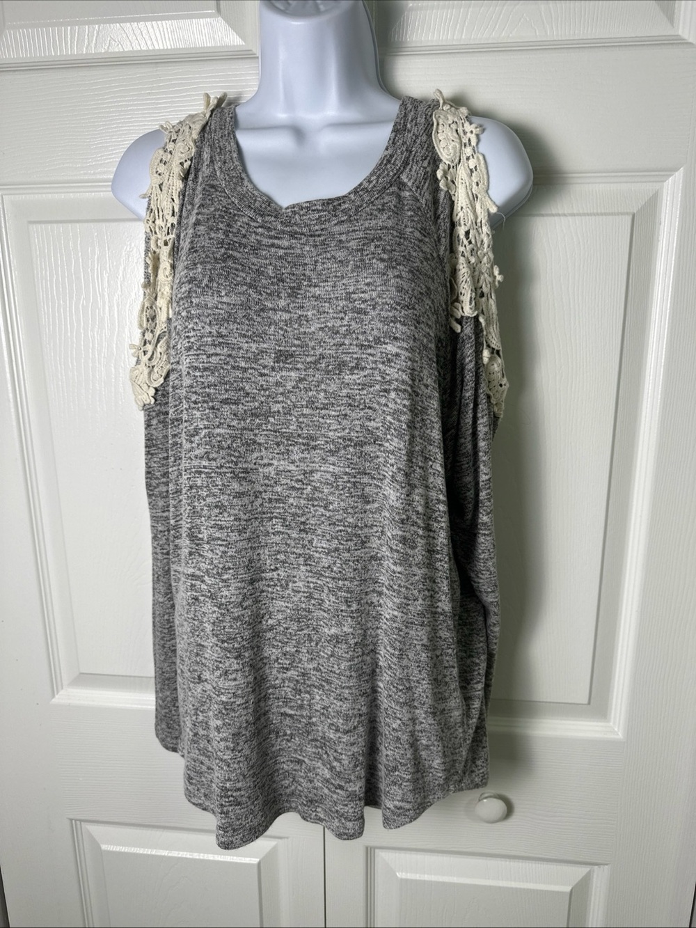 Entro Grey Knit Cold-Shoulder Top with Crochet Trim